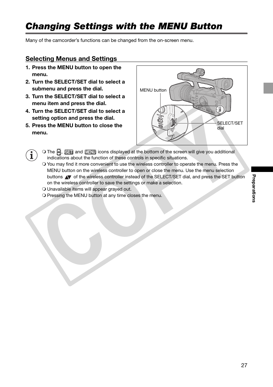 Changing settings with the menu button, Co py | Canon XHA1S User Manual | Page 27 / 155