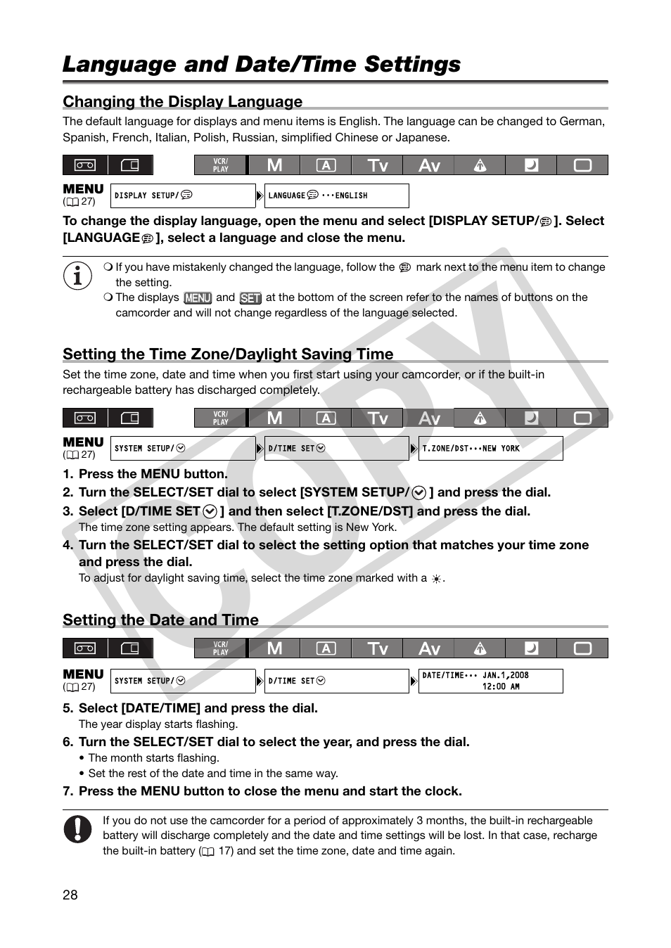 Language and date/time settings, Co py | Canon XHA1S User Manual | Page 28 / 155
