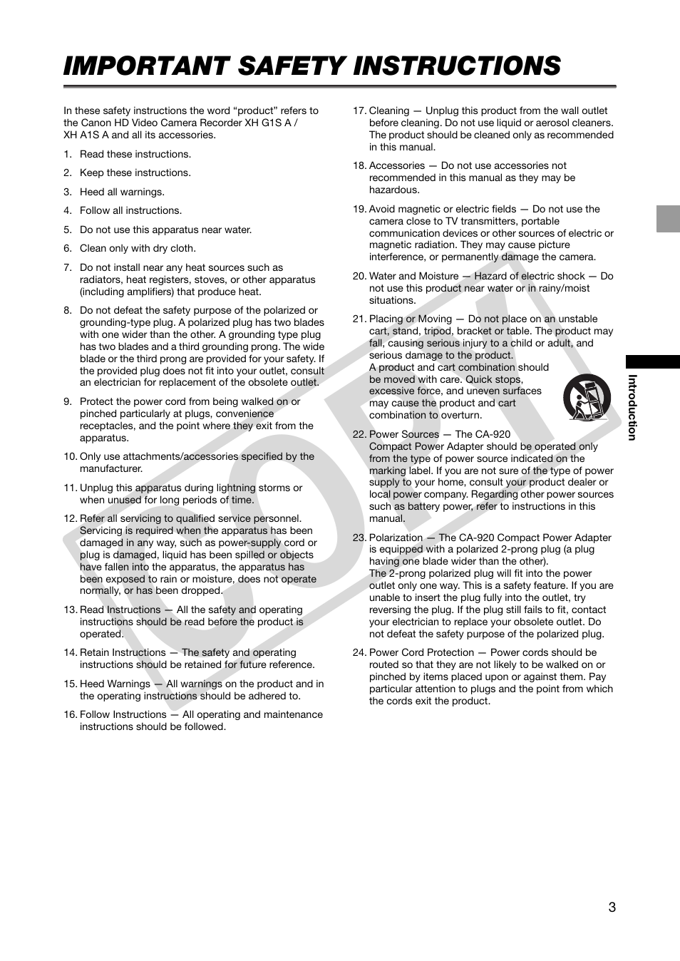 Important safety instructions, Co py | Canon XHA1S User Manual | Page 3 / 155