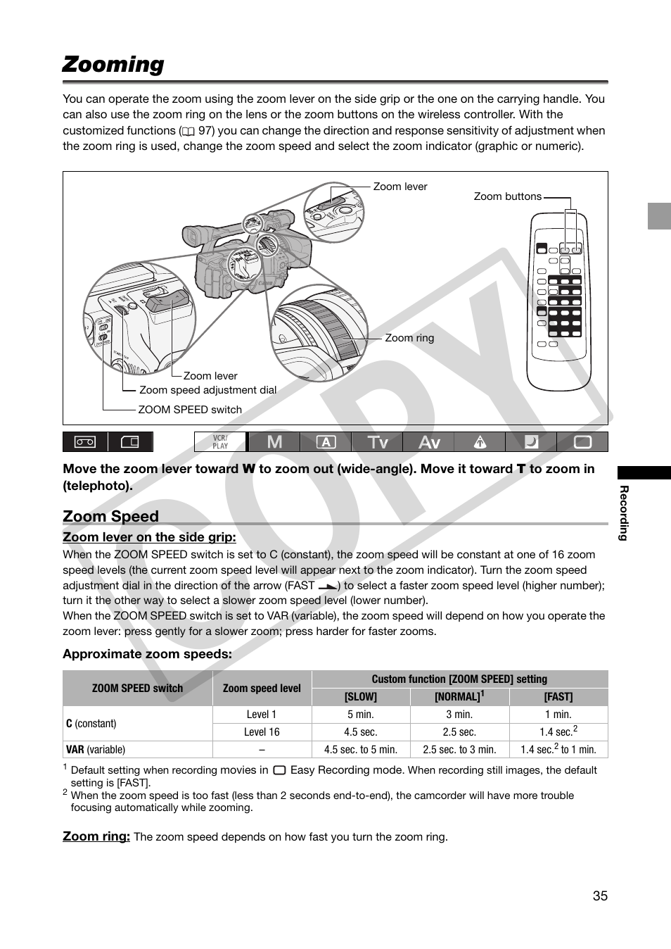 Zooming, Co py | Canon XHA1S User Manual | Page 35 / 155