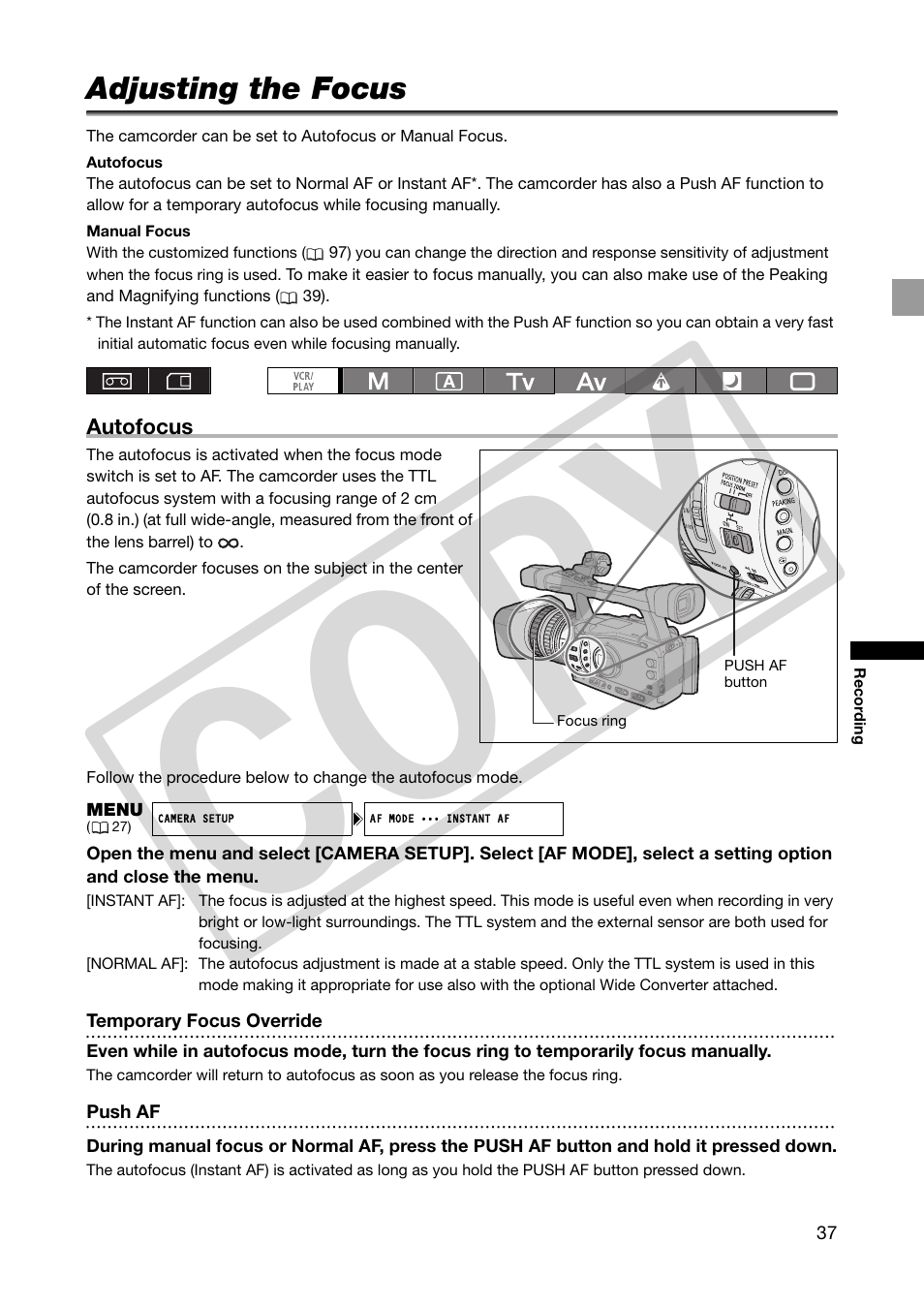 Adjusting the focus, Co py | Canon XHA1S User Manual | Page 37 / 155