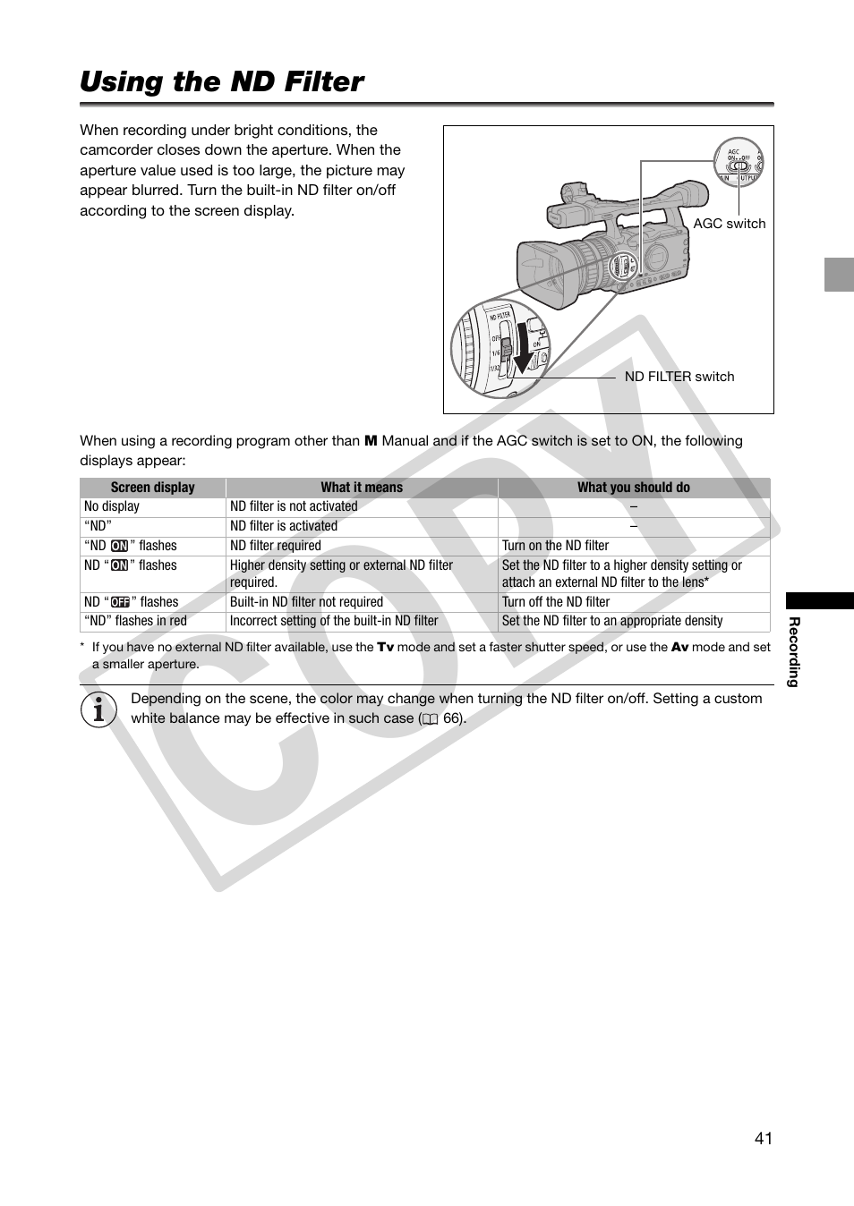 Using the nd filter, Co py | Canon XHA1S User Manual | Page 41 / 155