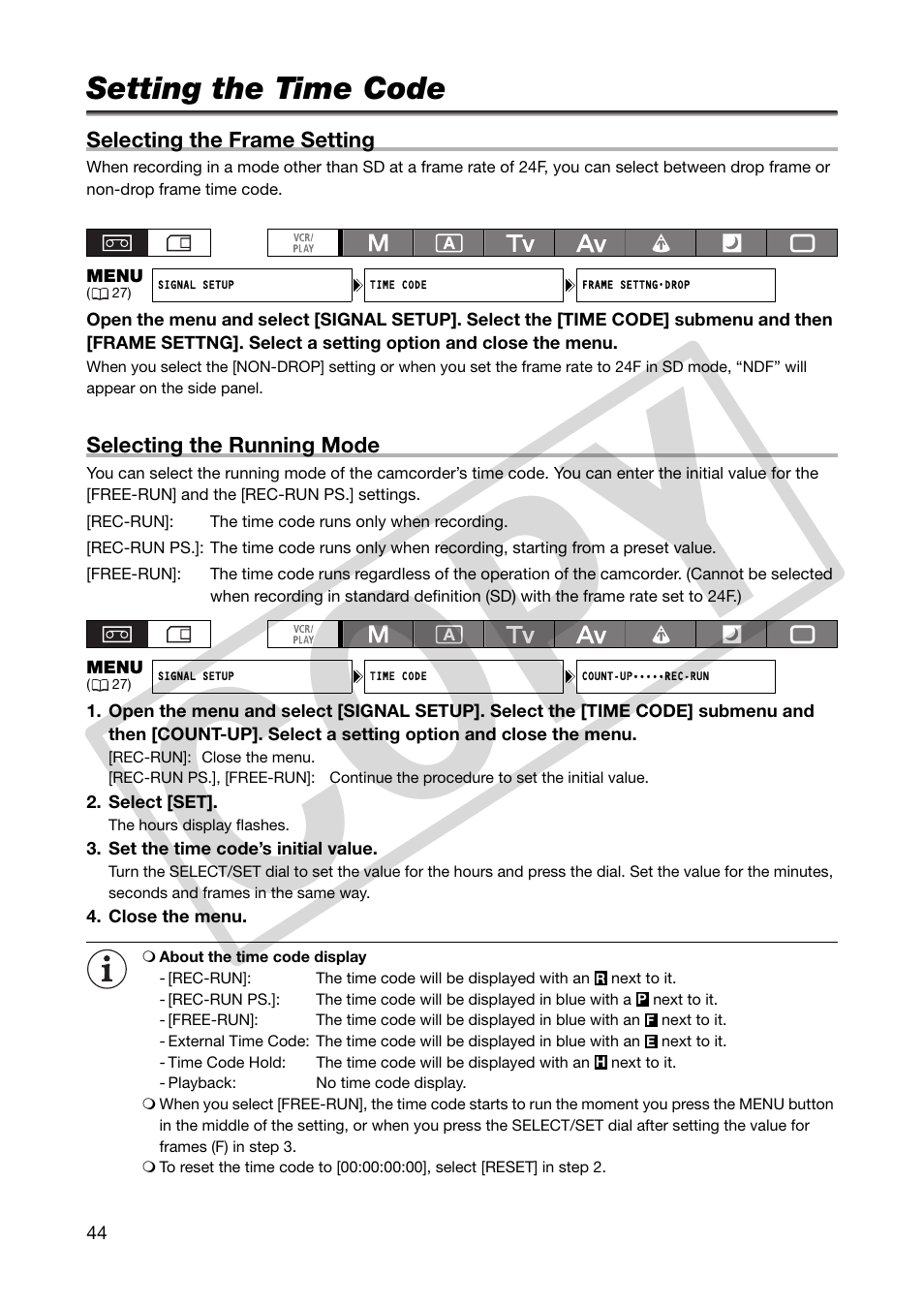 Setting the time code, Co py | Canon XHA1S User Manual | Page 44 / 155