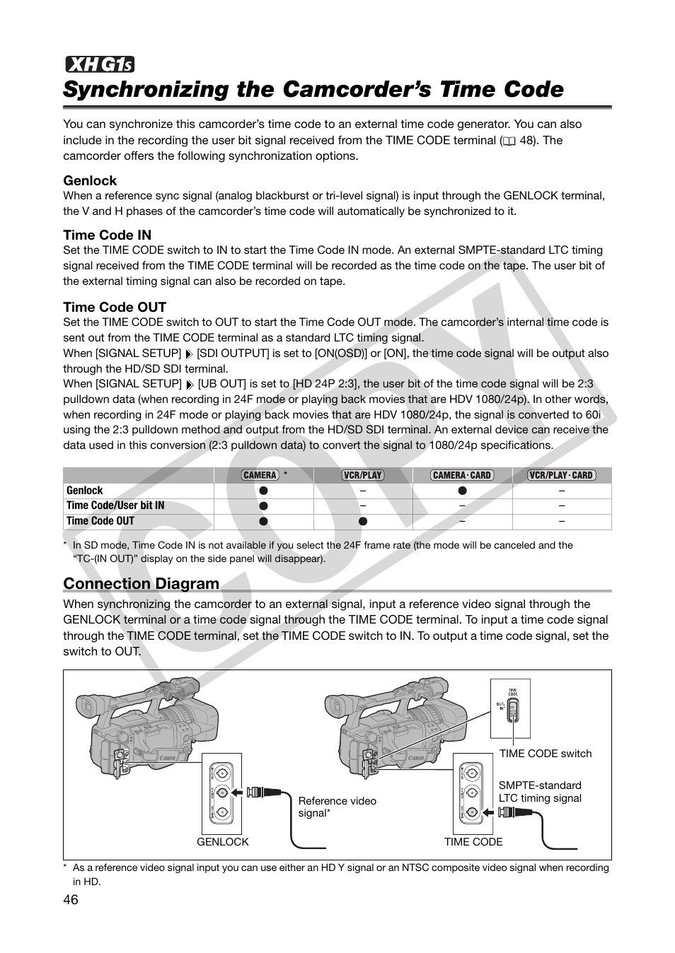 Synchronizing the camcorder’s time code, Co py | Canon XHA1S User Manual | Page 46 / 155