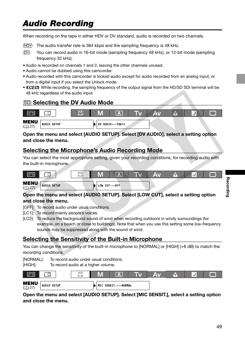 Audio recording, Co py | Canon XHA1S User Manual | Page 49 / 155