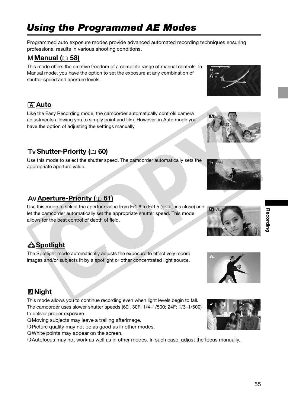 Using the programmed ae modes, Co py | Canon XHA1S User Manual | Page 55 / 155