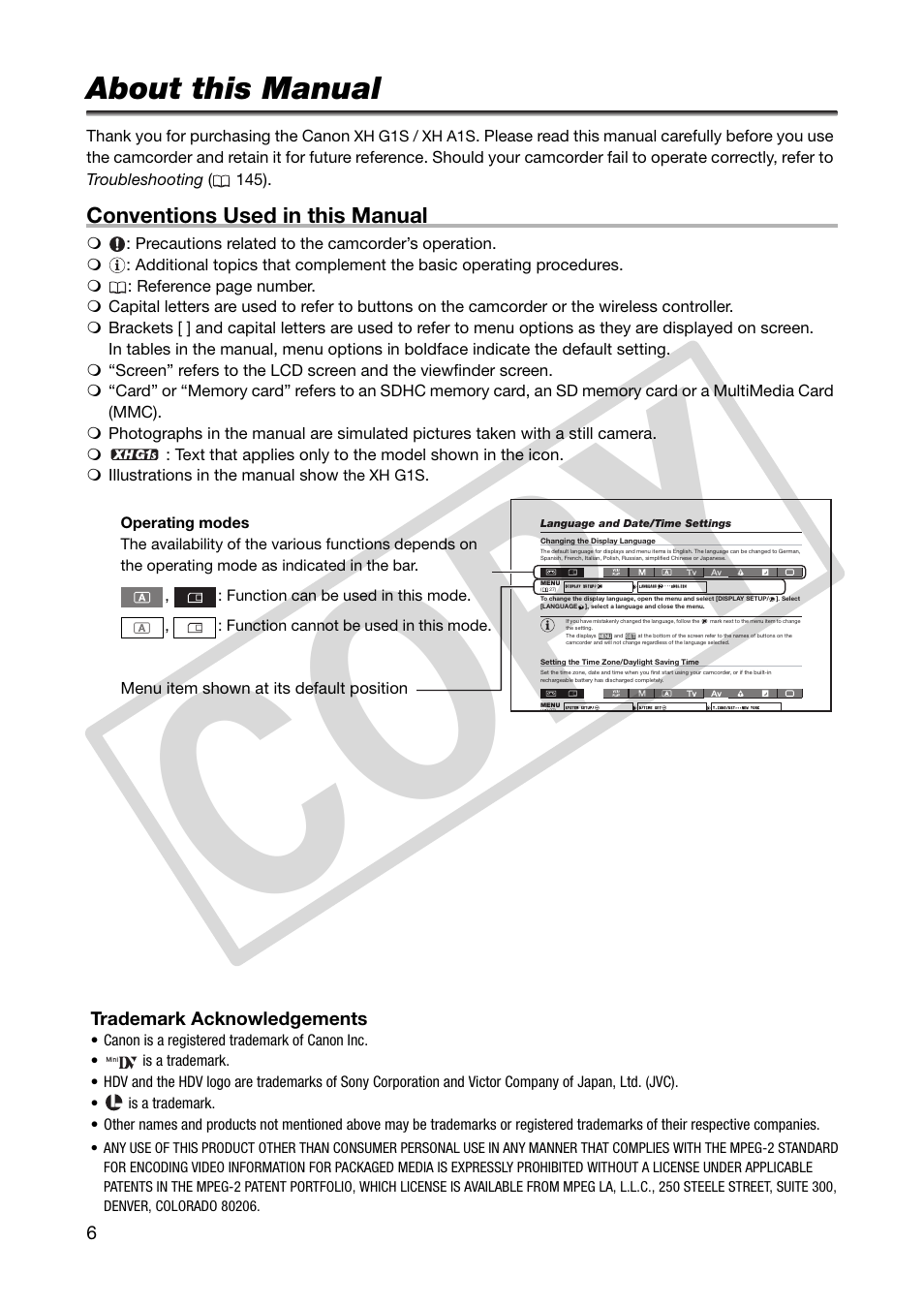 About this manual, Co py, Conventions used in this manual | Trademark acknowledgements | Canon XHA1S User Manual | Page 6 / 155