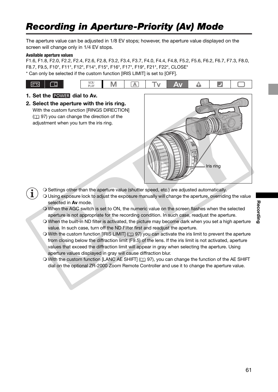 Recording in aperture-priority (av) mode, Co py | Canon XHA1S User Manual | Page 61 / 155