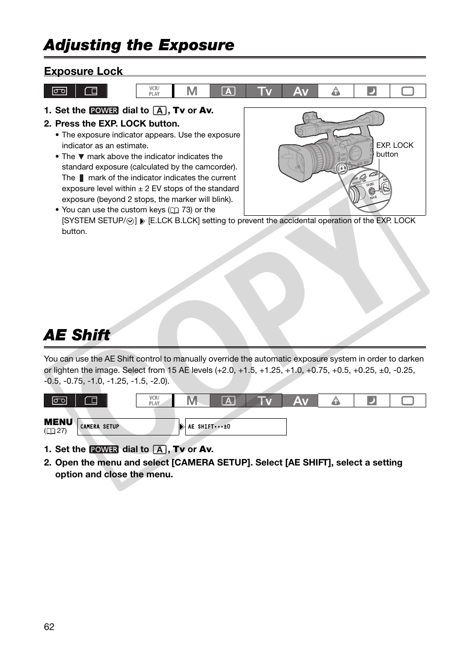 Adjusting the exposure, Ae shift, Adjusting the exposure ae shift | Co py | Canon XHA1S User Manual | Page 62 / 155
