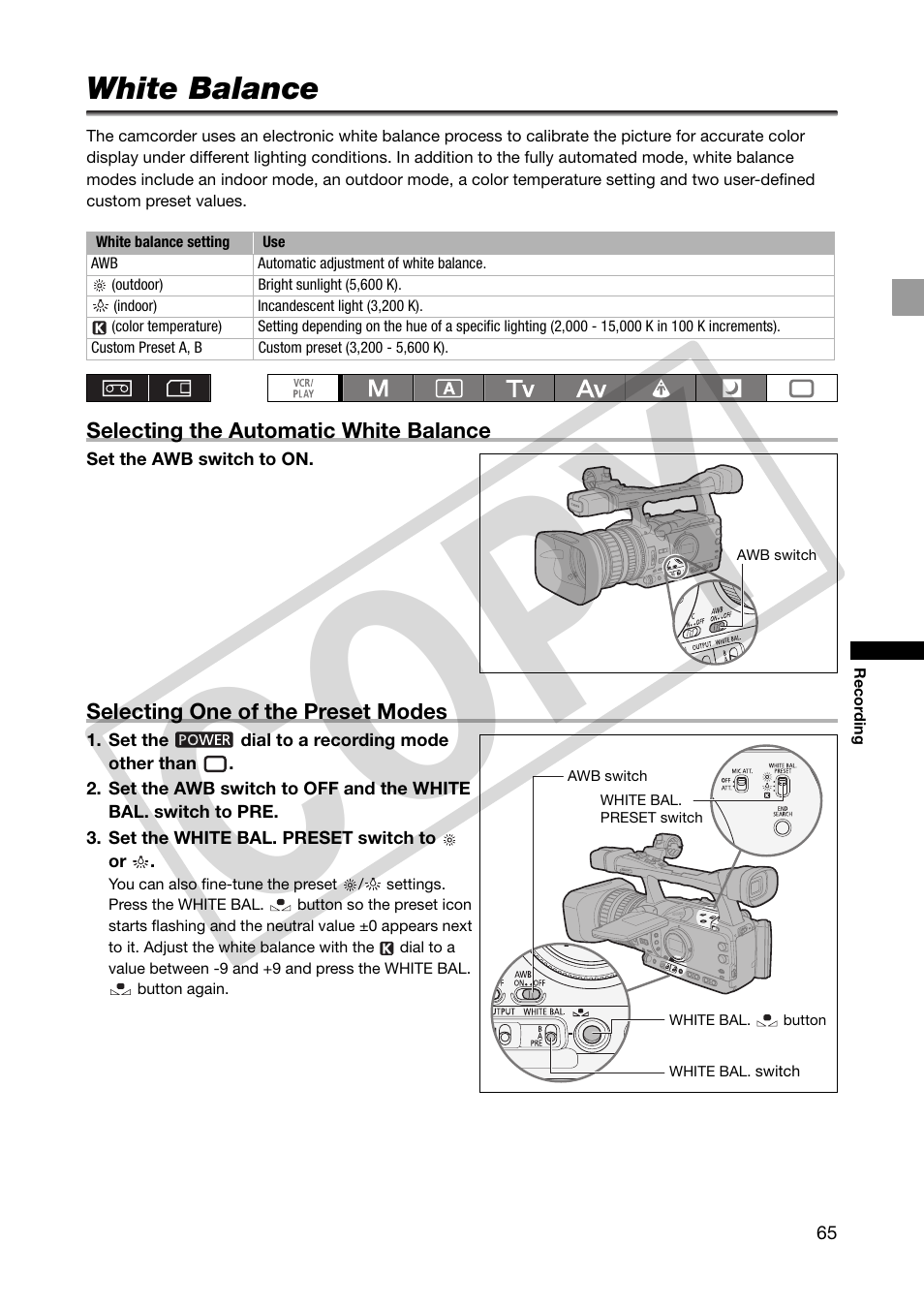 White balance, Co py | Canon XHA1S User Manual | Page 65 / 155