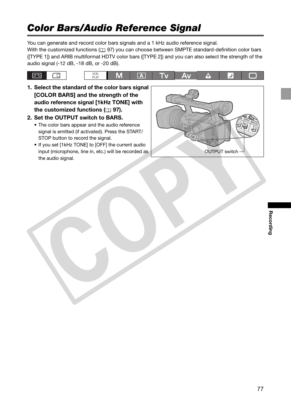 Color bars/audio reference signal, Co py | Canon XHA1S User Manual | Page 77 / 155