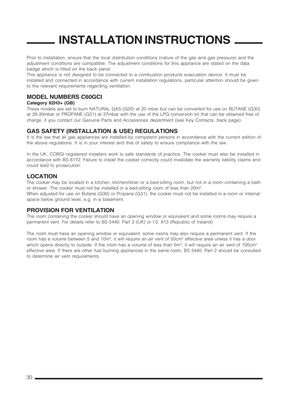 Installation instructions, Model numbers c60gci, Gas safety (installation & use) regulations | Location, Provision for ventilation | Cannon Carrick C60GCIS User Manual | Page 30 / 40