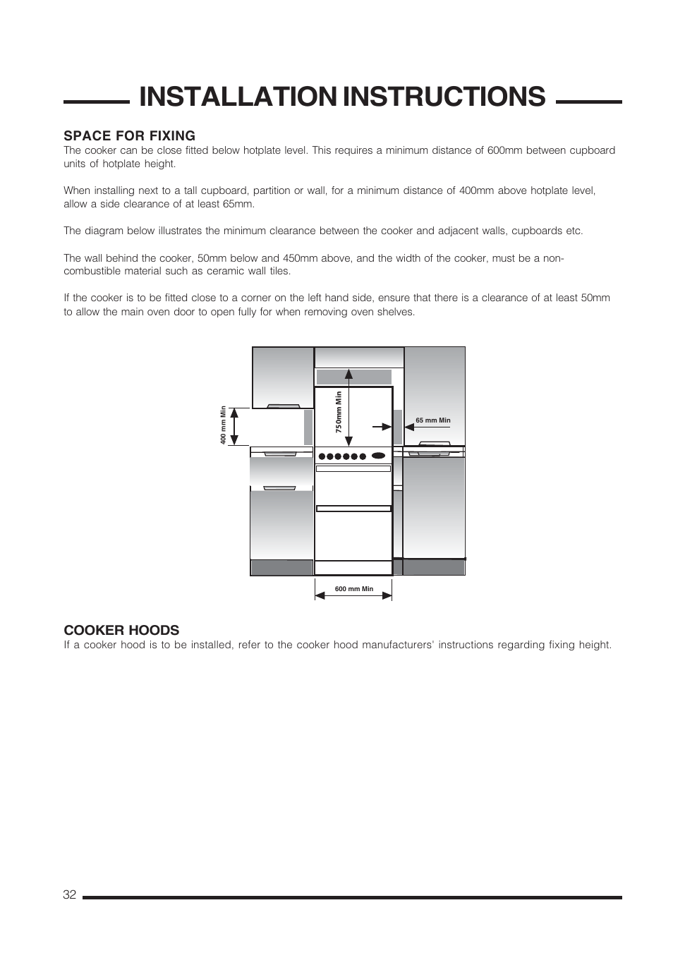 Installation instructions, Space for fixing, Cooker hoods | Cannon Carrick C60GCIS User Manual | Page 32 / 40