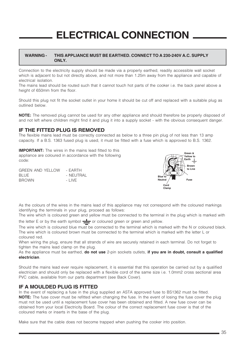 Electrical connection, If the fitted plug is removed, If a moulded plug is fitted | Cannon Carrick C60GCIS User Manual | Page 35 / 40