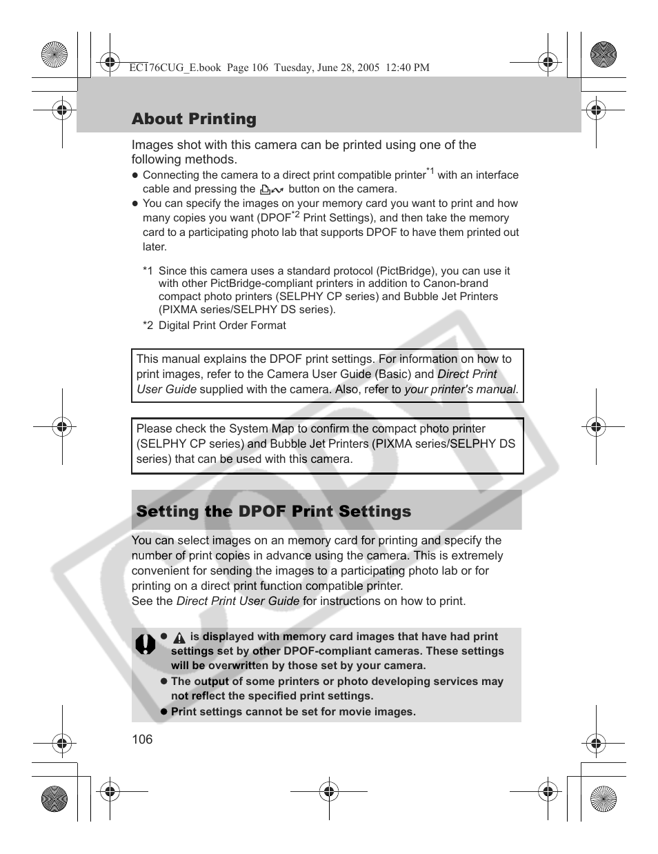 About printing, Setting the dpof print settings | Canon S80 User Manual | Page 108 / 163