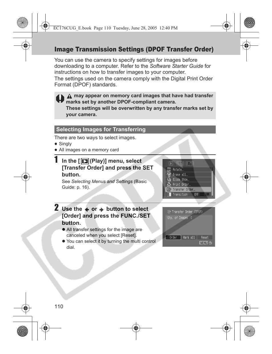 Image transmission settings (dpof transfer order) | Canon S80 User Manual | Page 112 / 163