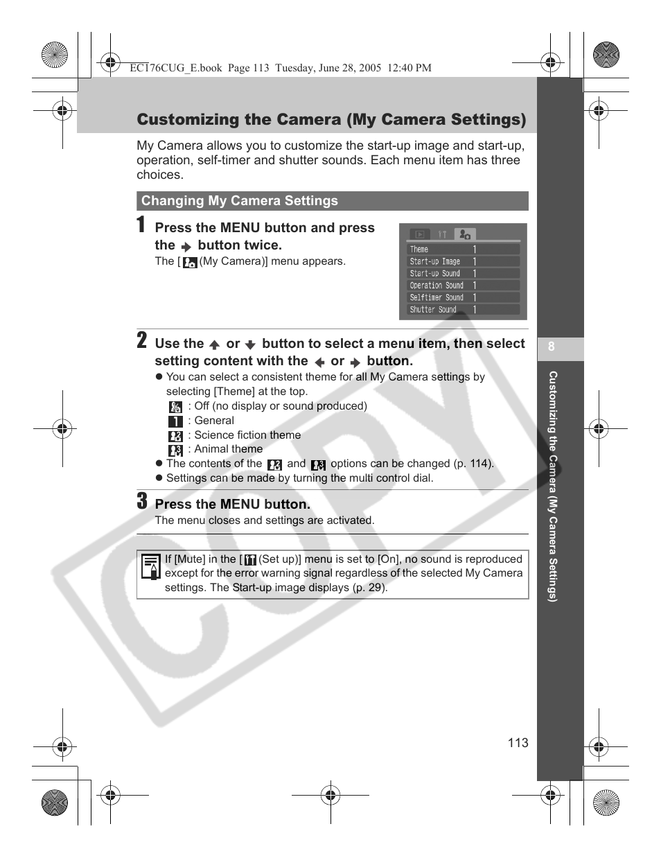 Customizing the camera (my camera settings) | Canon S80 User Manual | Page 115 / 163