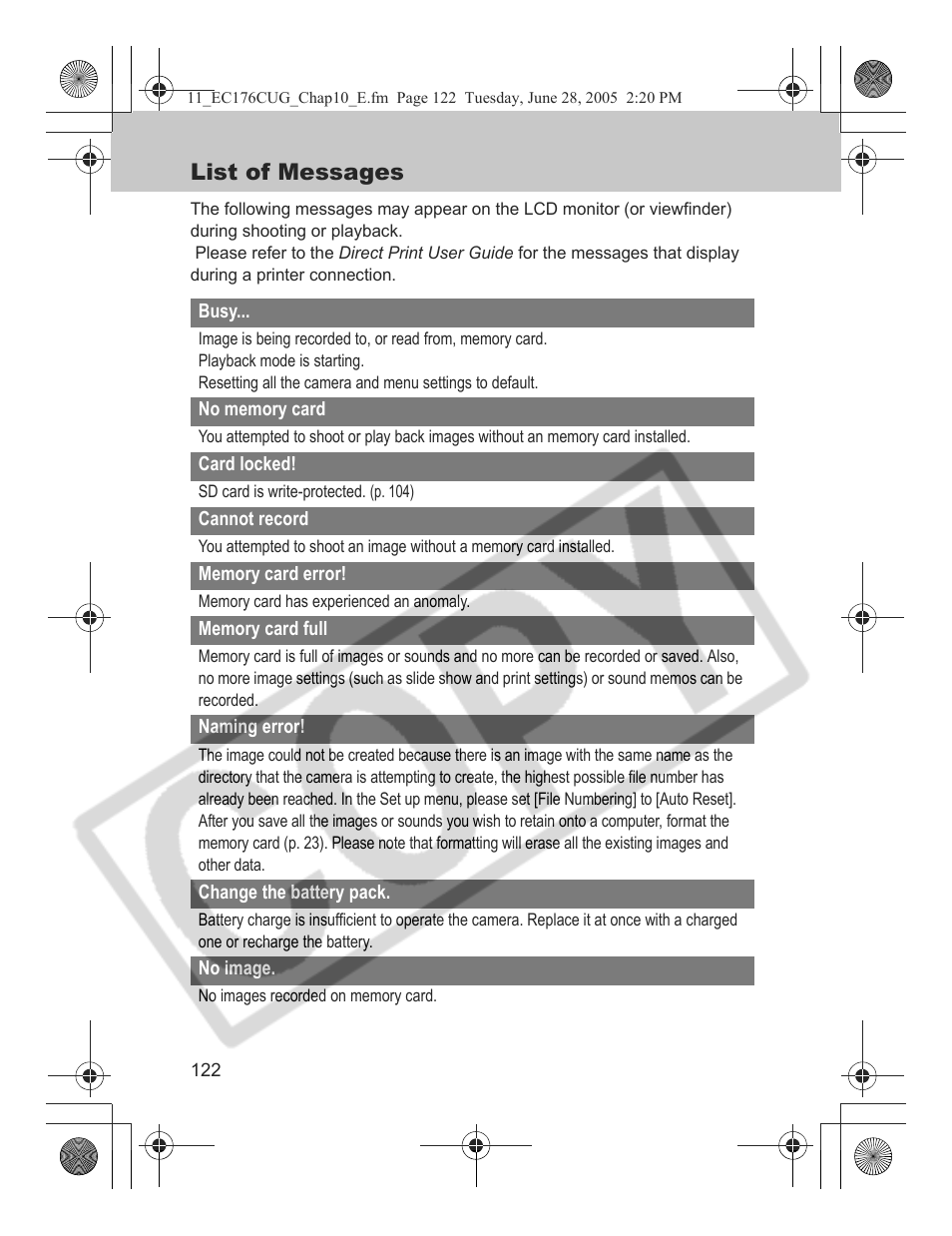 List of messages | Canon S80 User Manual | Page 124 / 163