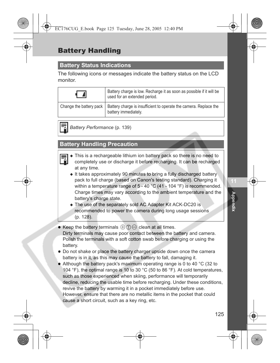 Battery handling, Battery status indications, Battery handling precaution | Canon S80 User Manual | Page 127 / 163