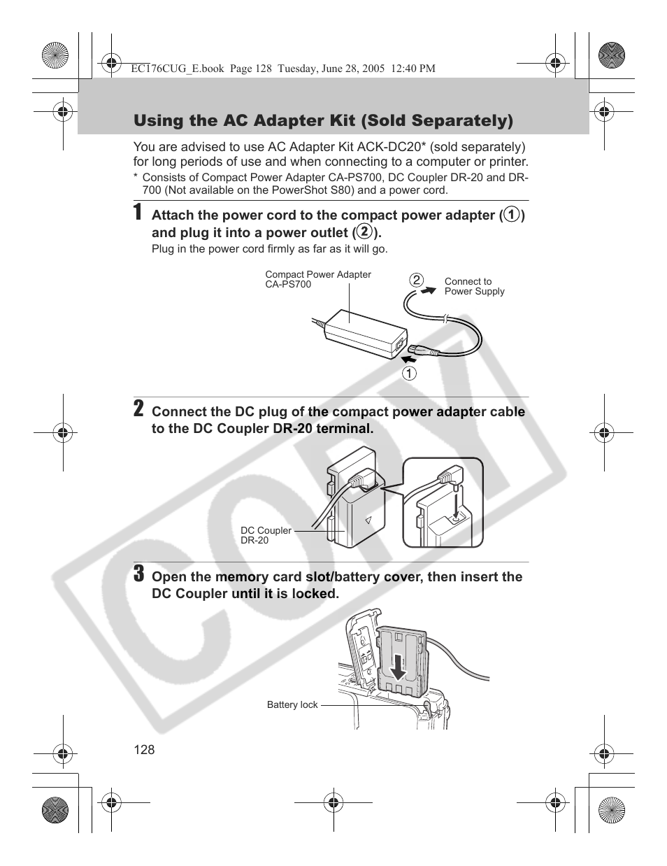 Using the ac adapter kit (sold separately) | Canon S80 User Manual | Page 130 / 163