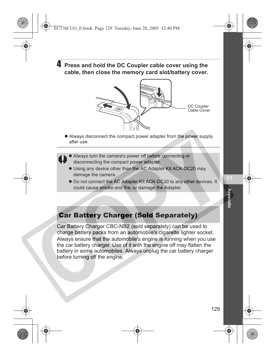 Car battery charger (sold separately) | Canon S80 User Manual | Page 131 / 163