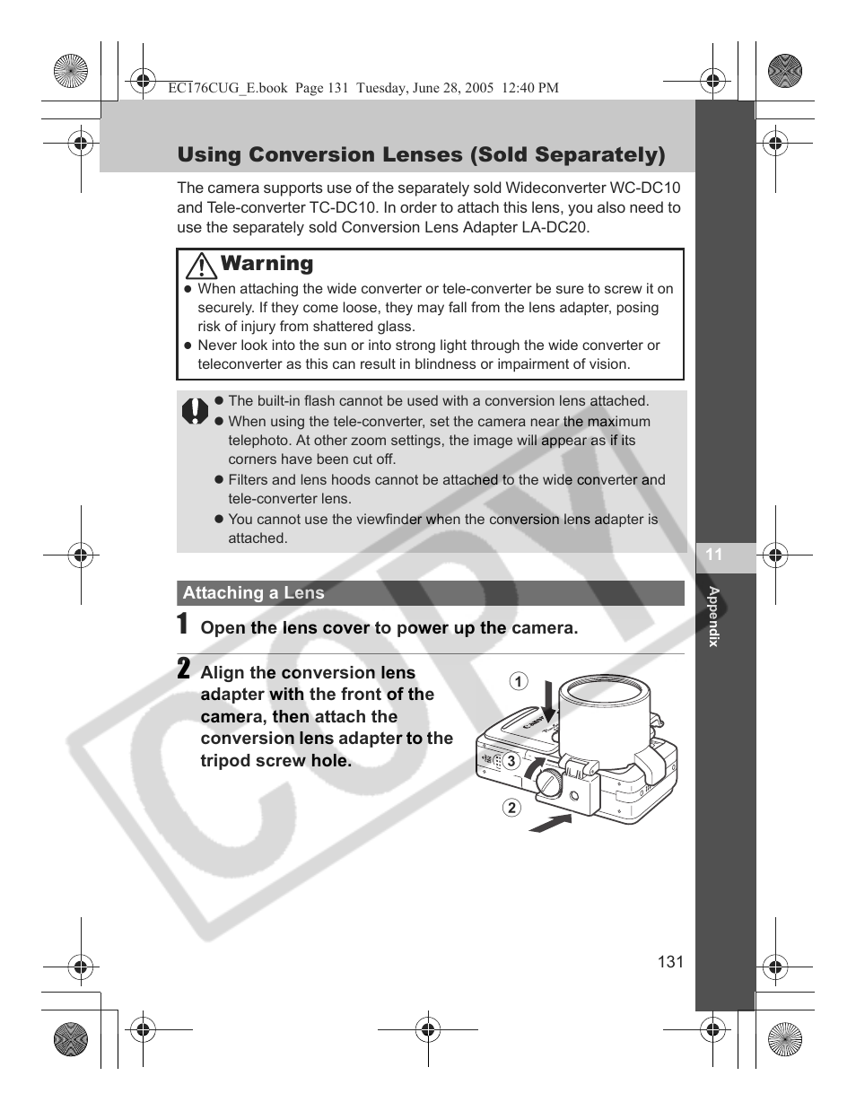 Using conversion lenses (sold separately), Warning, Ba c | Canon S80 User Manual | Page 133 / 163