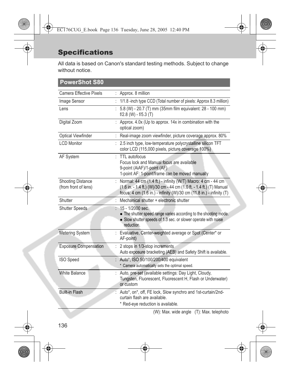 Specifications | Canon S80 User Manual | Page 138 / 163