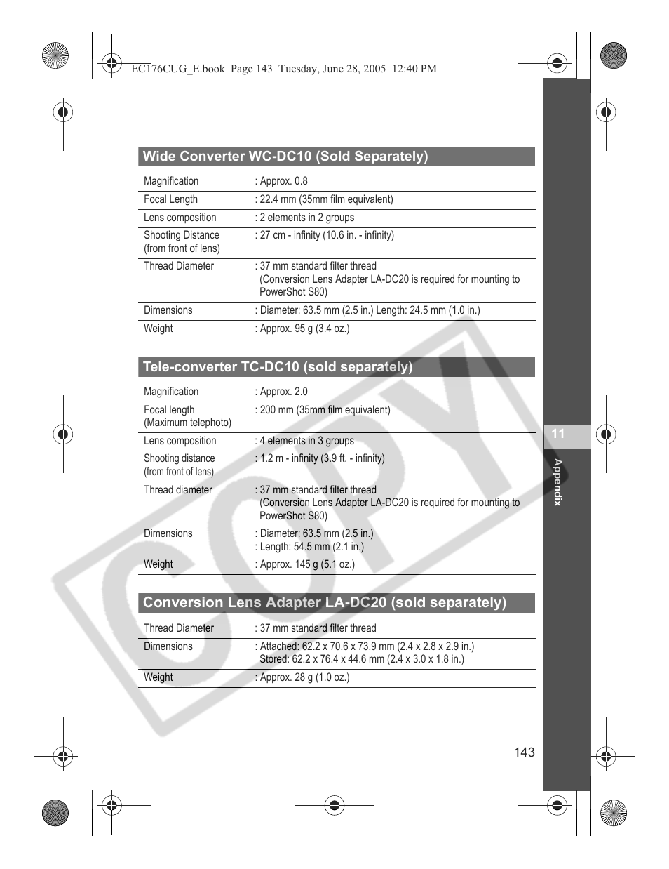 Conversion lens adapter la-dc20 (sold separately) | Canon S80 User Manual | Page 145 / 163
