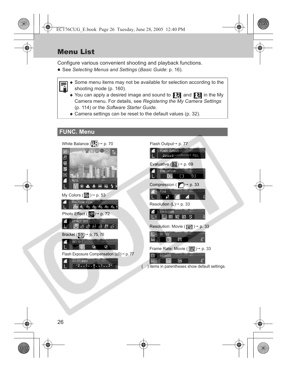 Menu list, Func. menu | Canon S80 User Manual | Page 28 / 163