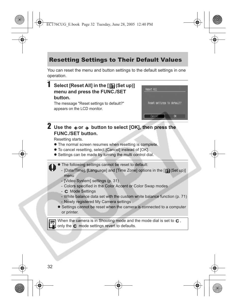 Resetting settings to their default values | Canon S80 User Manual | Page 34 / 163