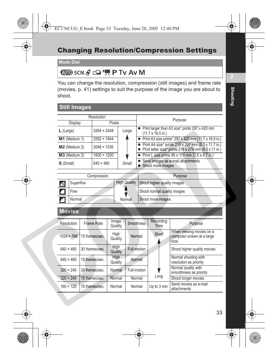Changing resolution/compression settings, Still images movies | Canon S80 User Manual | Page 35 / 163