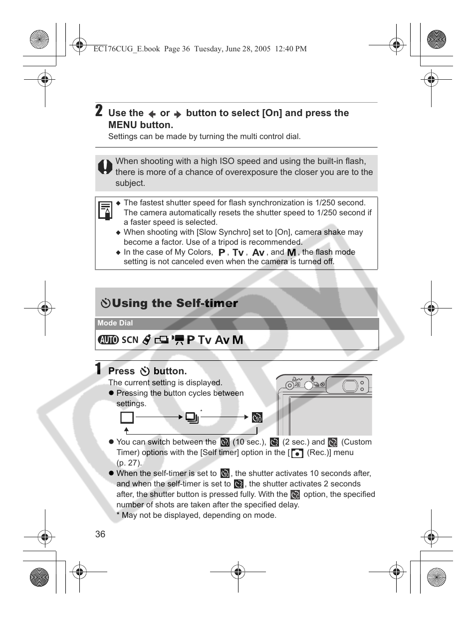Using the self-timer | Canon S80 User Manual | Page 38 / 163