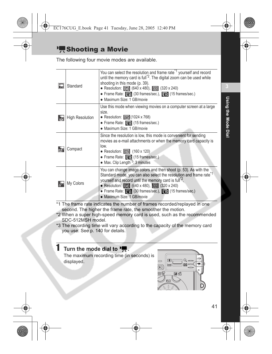 Shooting a movie, Turn the mode dial to | Canon S80 User Manual | Page 43 / 163