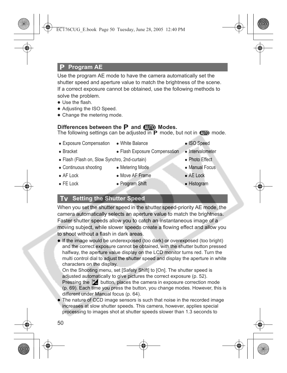Program ae, Setting the shutter speed | Canon S80 User Manual | Page 52 / 163