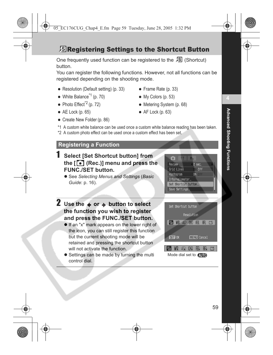 Registering settings to the shortcut button | Canon S80 User Manual | Page 61 / 163