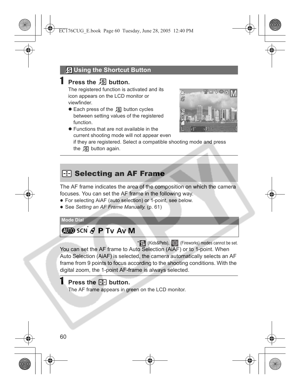 Selecting an af frame | Canon S80 User Manual | Page 62 / 163