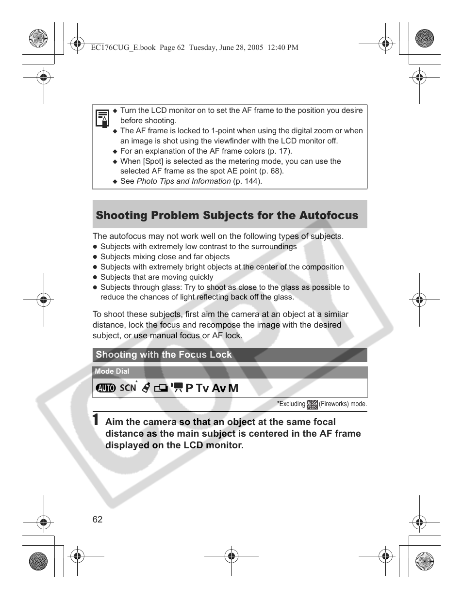 Shooting problem subjects for the autofocus, Shooting with the focus lock | Canon S80 User Manual | Page 64 / 163