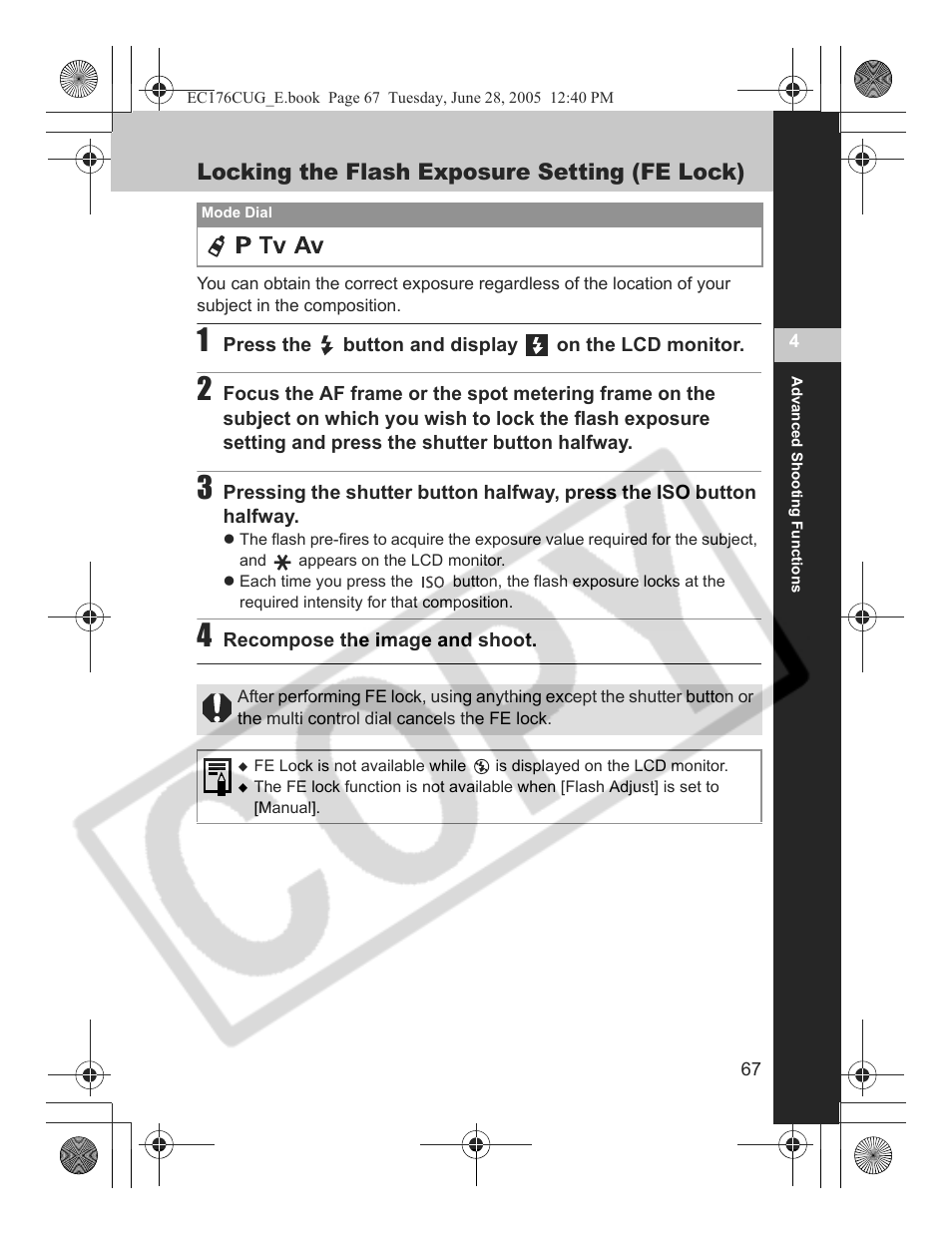 Locking the flash exposure setting (fe lock) | Canon S80 User Manual | Page 69 / 163