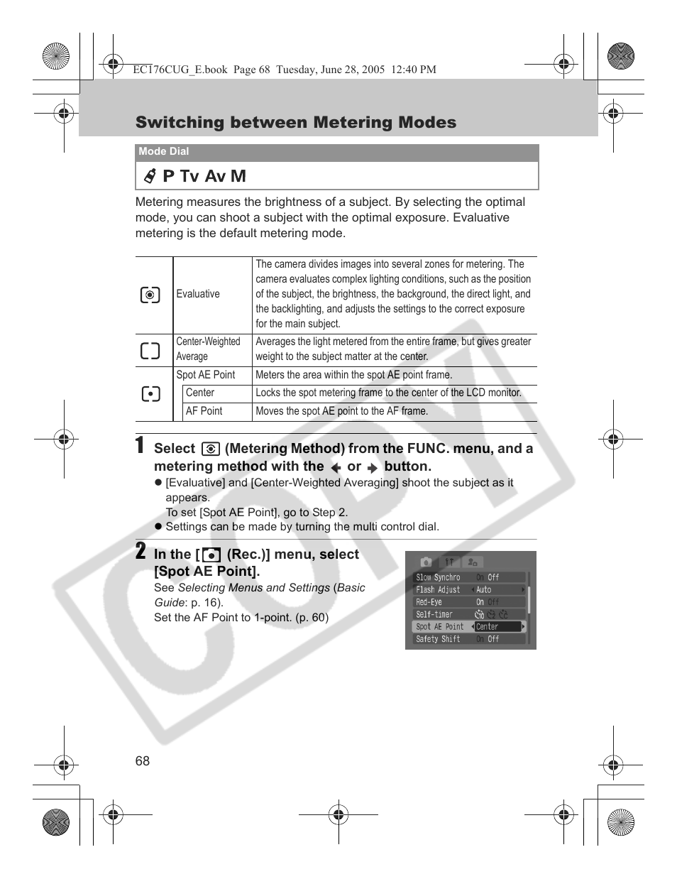 Switching between metering modes | Canon S80 User Manual | Page 70 / 163