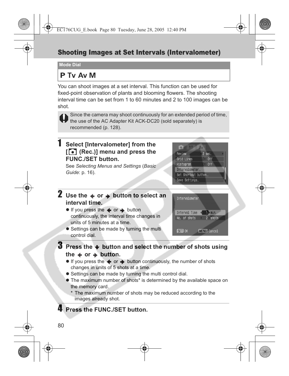 Shooting images at set intervals (intervalometer) | Canon S80 User Manual | Page 82 / 163