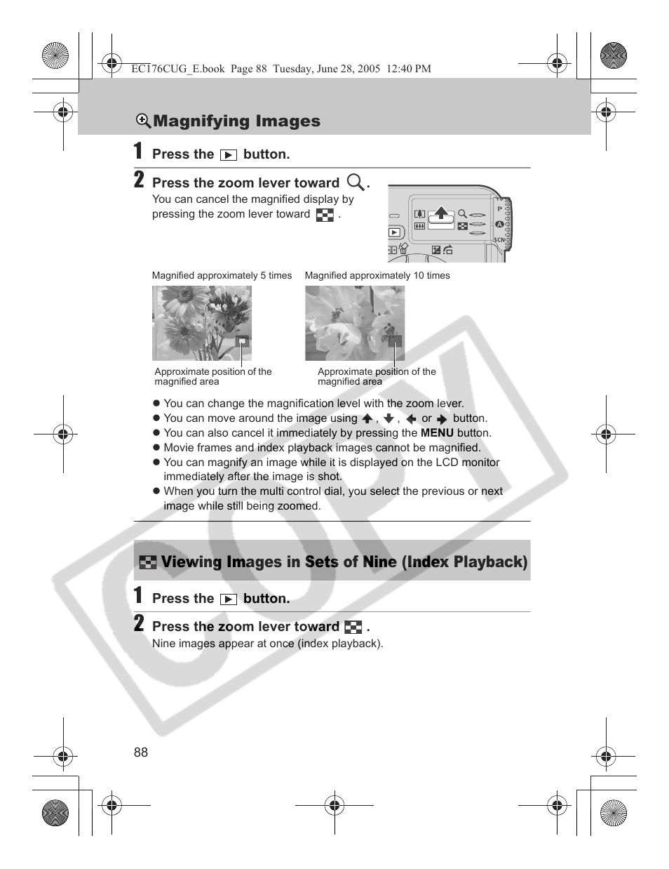 Magnifying images, Viewing images in sets of nine (index playback) | Canon S80 User Manual | Page 90 / 163
