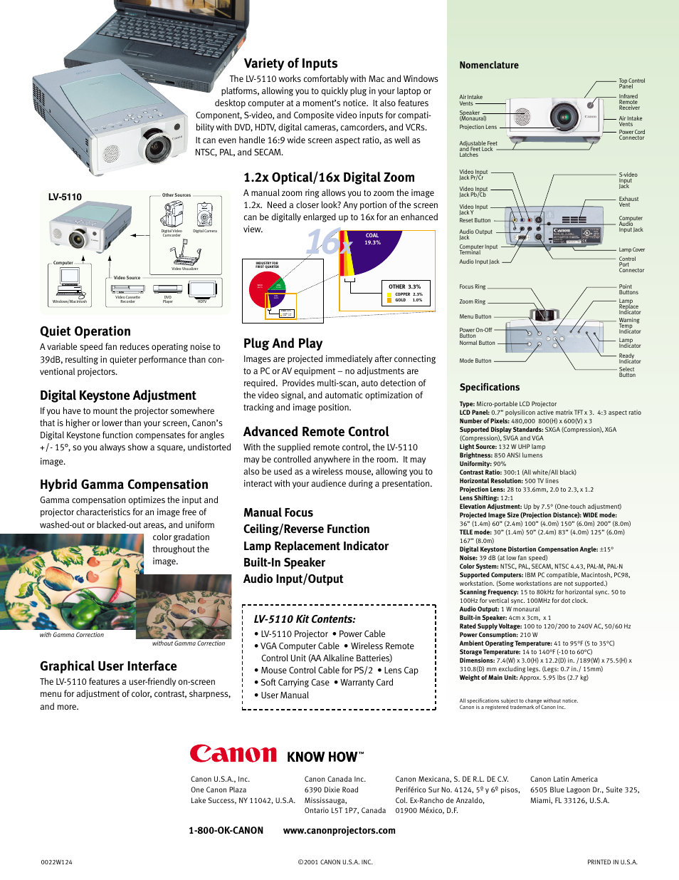 Variety of inputs, Quiet operation, Digital keystone adjustment | Hybrid gamma compensation, Plug and play, Advanced remote control, 2x optical/16x digital zoom, Graphical user interface, Lv-5110 kit contents, Nomenclature | Canon LV-5110 User Manual | Page 2 / 2