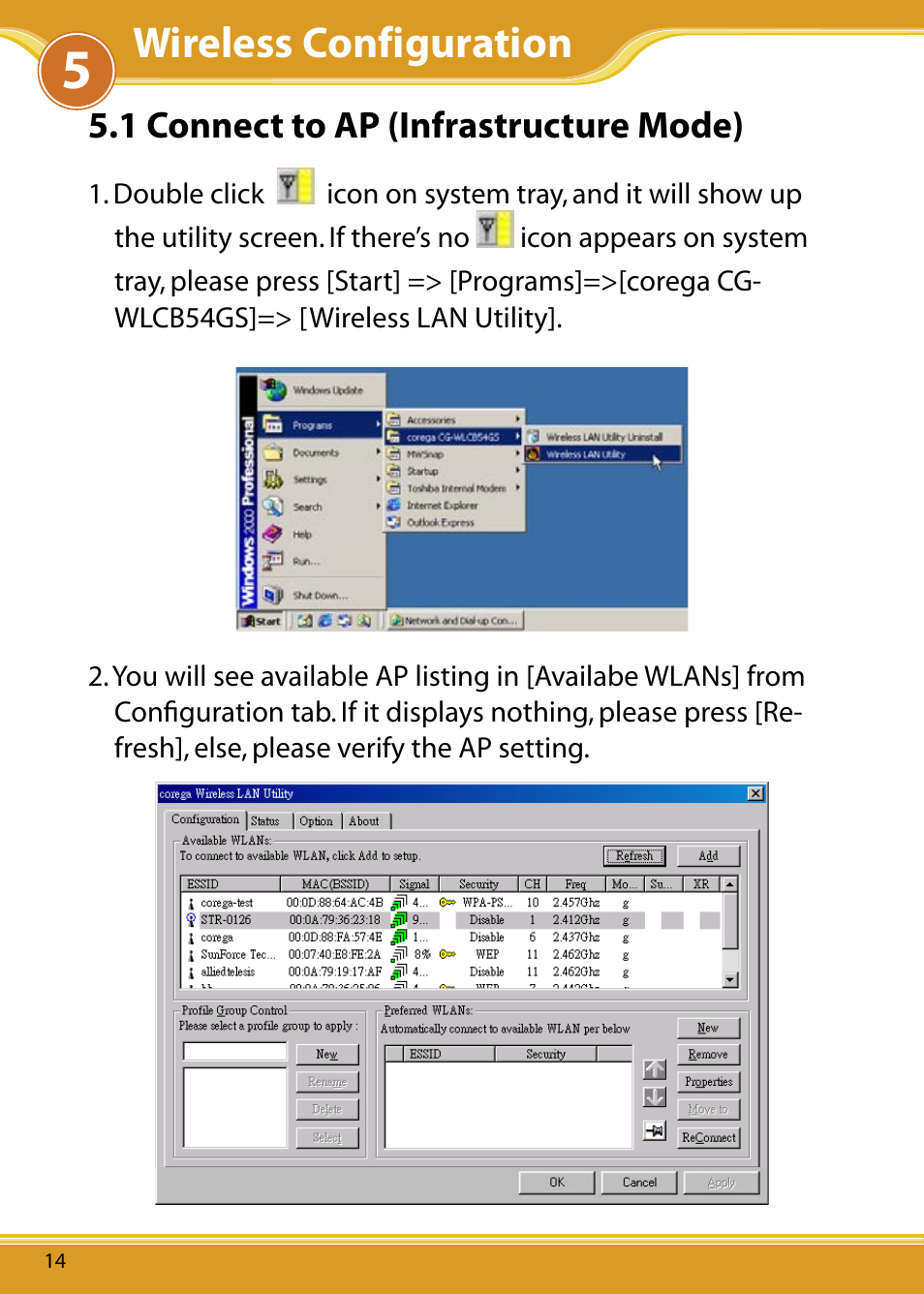 1 connect to ap (infrastructure mode), Wireless configuration | Corega 108M User Manual | Page 16 / 38