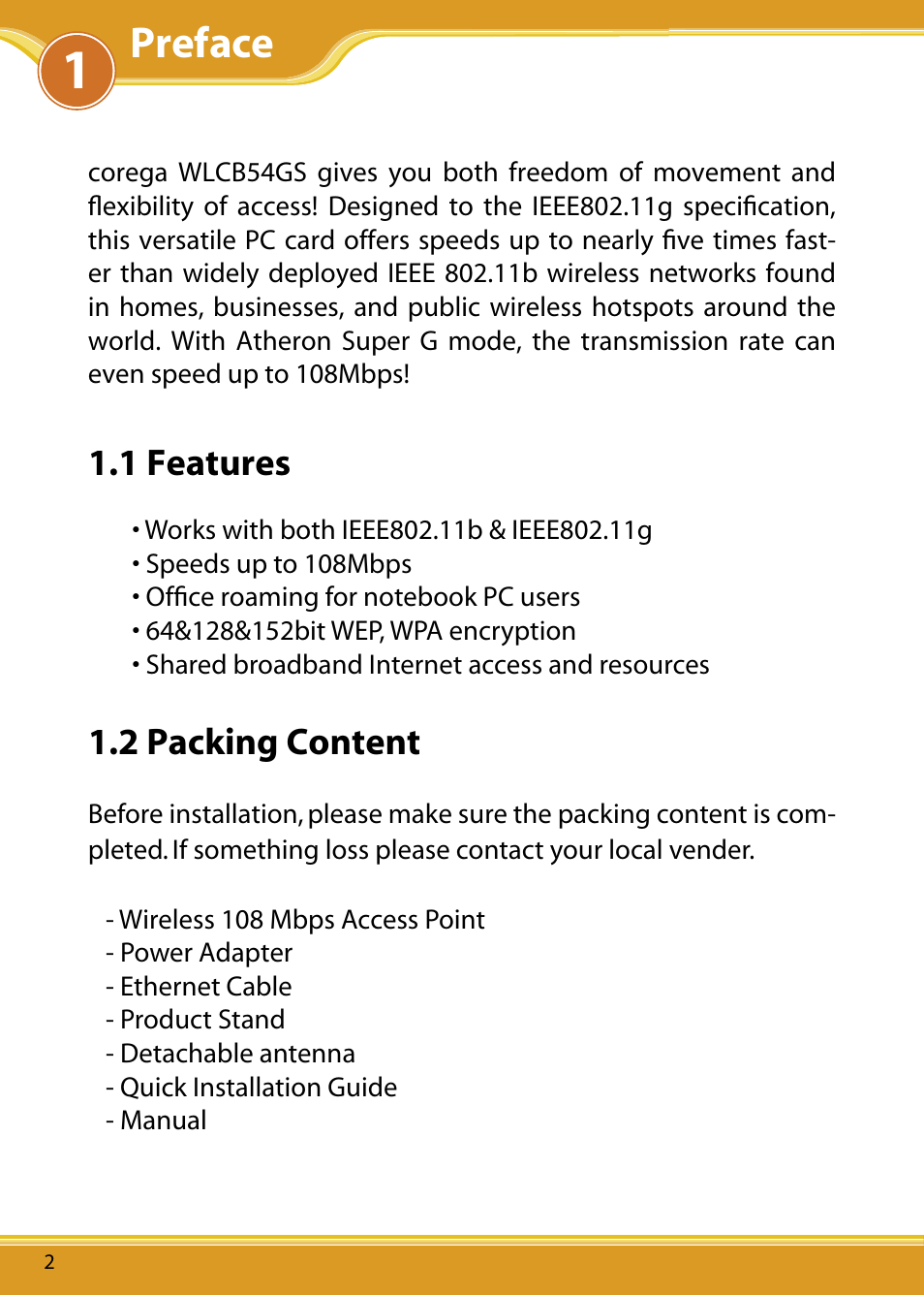 1 features, 2 packing content, Preface | Corega 108M User Manual | Page 4 / 38