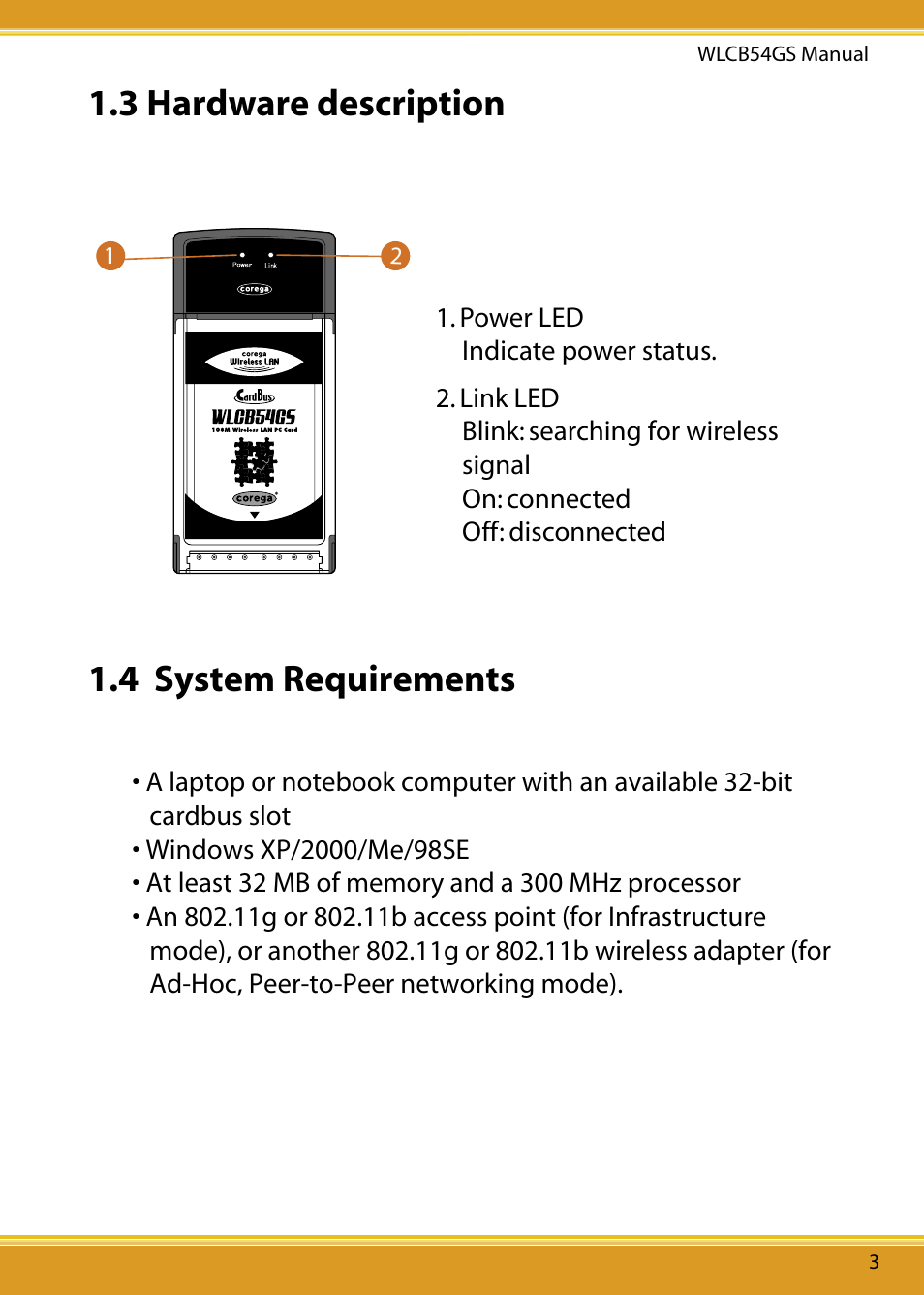 3 hardware description, 4 system requirements | Corega 108M User Manual | Page 5 / 38