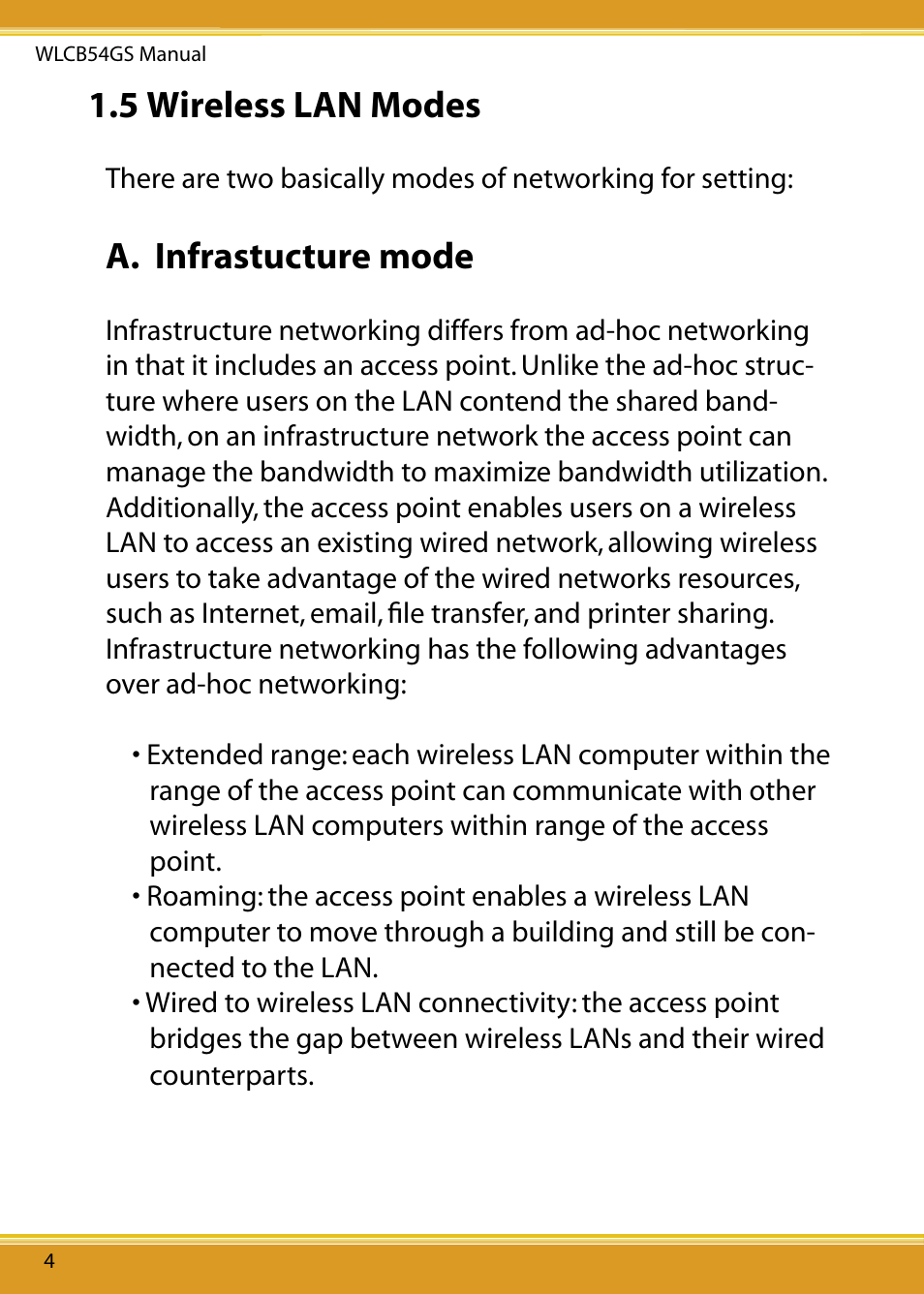 5 wireless lan modes, A. infrastucture mode, A. infrastructure mode | Corega 108M User Manual | Page 6 / 38