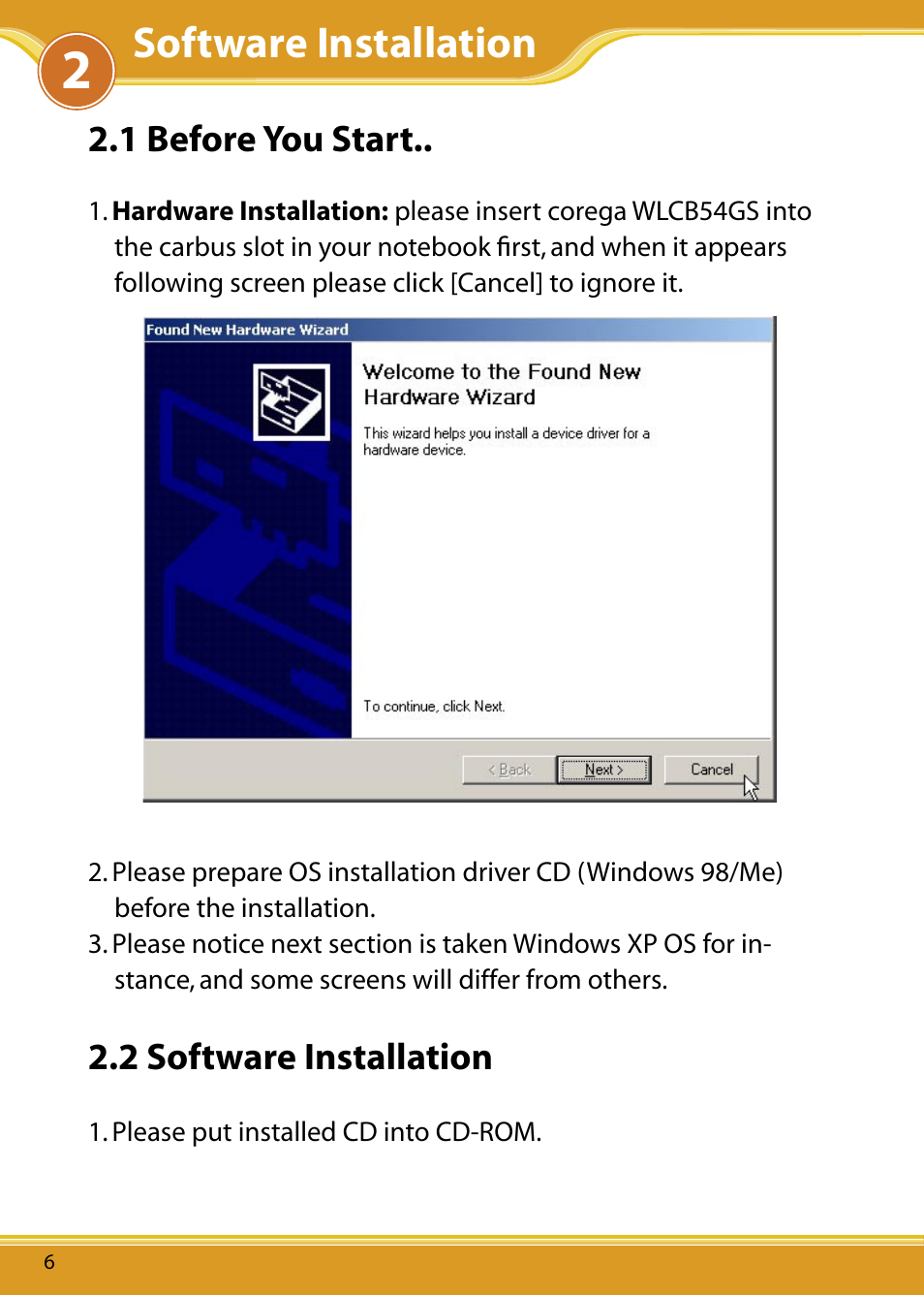 1 before you start, 2 software installation, 2 install software | Software installation | Corega 108M User Manual | Page 8 / 38