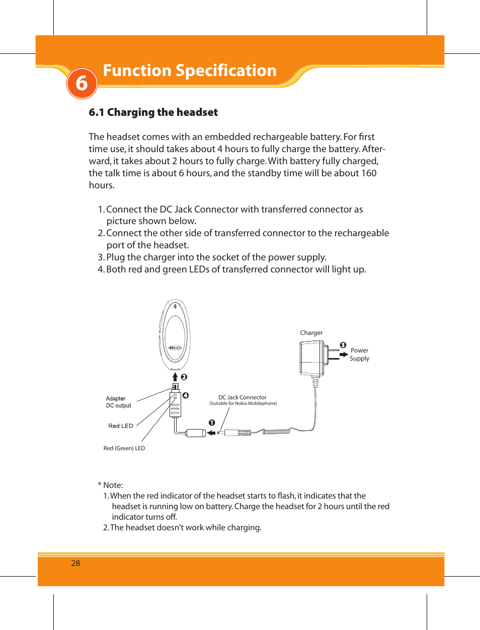 Function specification, 1 charging the headset | Corega BTHS02 User Manual | Page 12 / 22