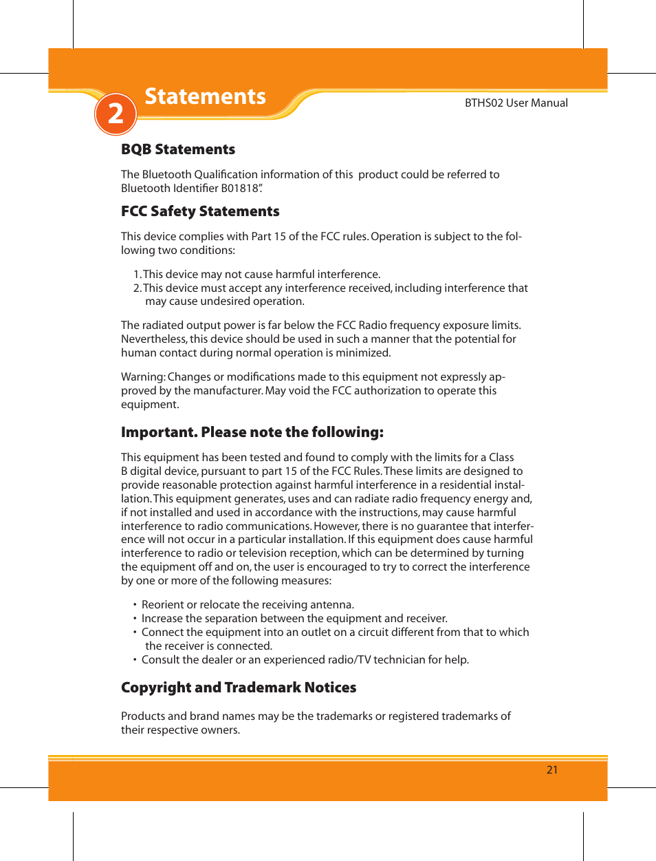 Statements | Corega BTHS02 User Manual | Page 5 / 22