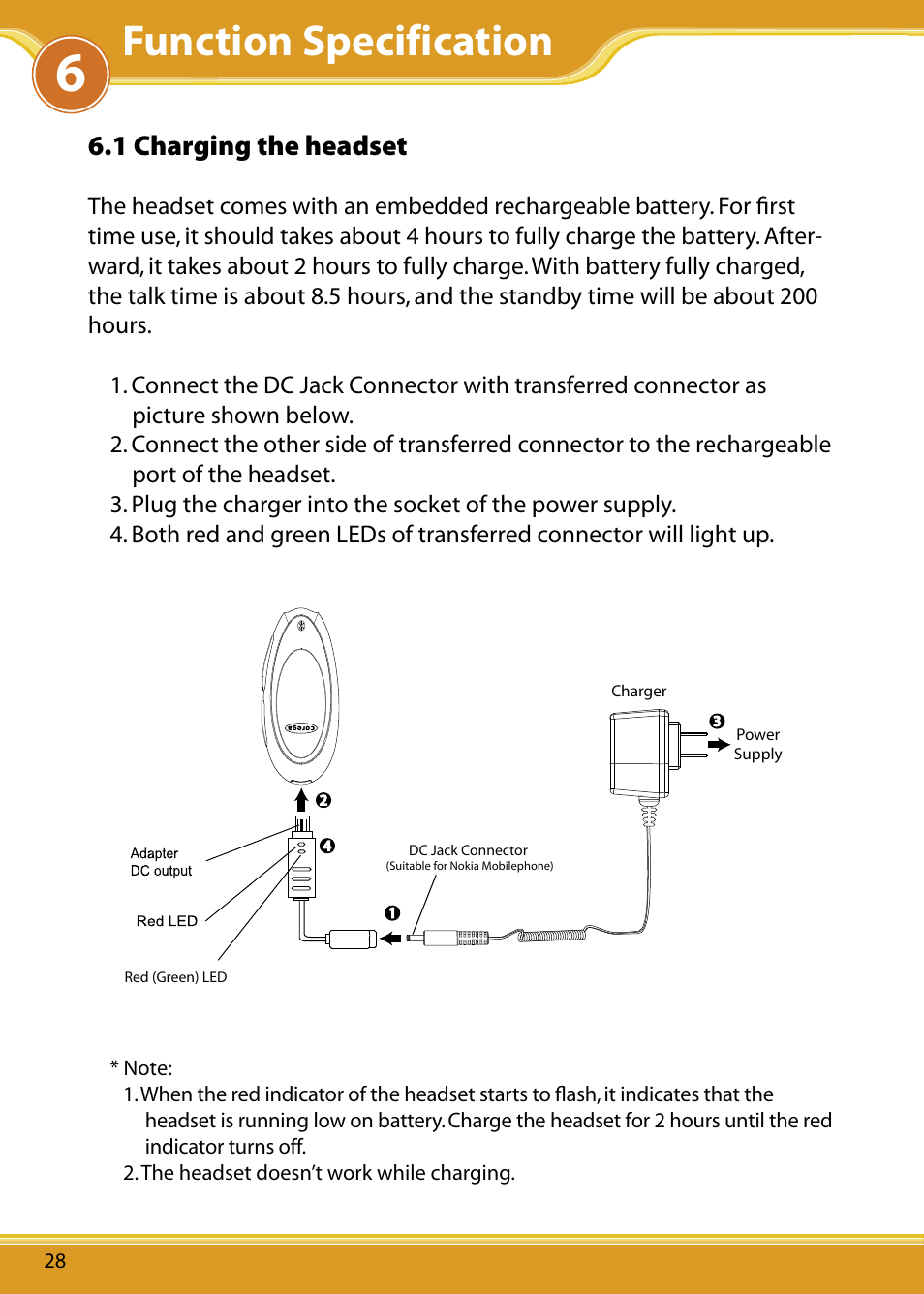 1 charging the headset, Function specification | Corega Bluetooth Headset BTHS02 User Manual | Page 12 / 20